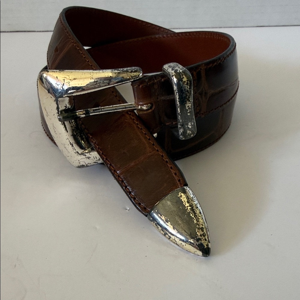 Women’s Brown Leather Belt with Silver Accents /Made in Italy